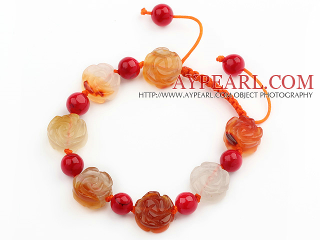 Flower Shape Natural Color Agate and Round Alaqueca Knotted Adjustable Drawstring Bracelet