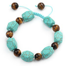 Green Series Polygon Shape Turquoise and Tiger Eye Knotted Adjustable Drawstring Bracelet
