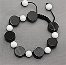 Wholesale Black Series Flat Round Black Agate and White Porcelain Stone Knotted Adjustable Drawstring Bracelet