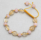Wholesale Egg Shape Citrine and Round Rose Quartz Knotted Adjustable Drawstring Bracelet
