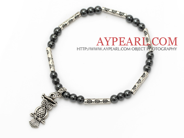 nice round tungsten steel and tibet silver tube owl charm beads bracelet