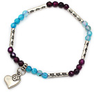 fashion 4mm round faceted purple and blue agate and tibet silver heart charm bracelet
