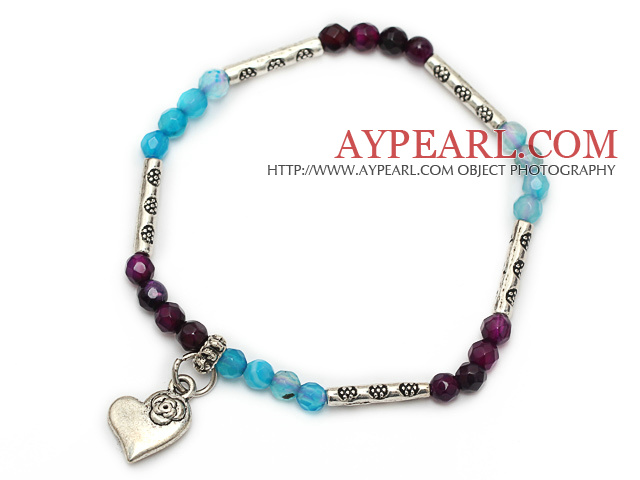 fashion 4mm round faceted purple and blue agate and tibet silver heart charm bracelet