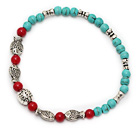 Wholesale nice round 4mm blue turquoise coral and tibet fishes charm beaded bracelet