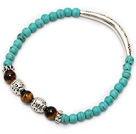 Wholesale fashion round blue turquoise tiger eye and tibet silver tube charm beaded bracelet