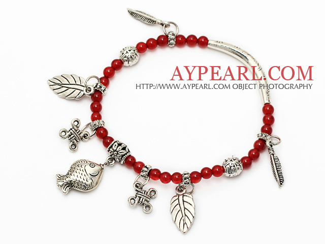 fashion A grade round red agate and tibet silver fish leaf charm beads bracelet