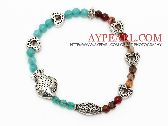 beautiful round blue jade and multi agate tibet silver fish heart charm beads bracelet