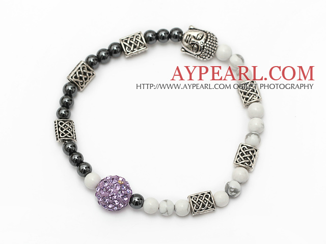 lovely tungsten steel stone and white turquoise and tibet silver buddhu head purple rhinestone beads bracelet
