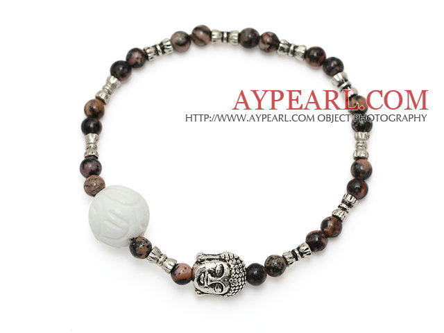 fashion round red jasper and white sea shell lotus and tibet silver buddhu head charm bracelet