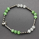 Wholesale lovely 6mm round green white cat's eye and tibet silver carved tube heart charm beaded bracelet