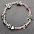 Wholesale delicate soft 4mm rose quartz and tibet silver butterfly charm colorful rhinestone beaded bracelet