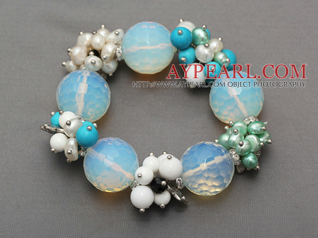 faceted round opal and cluster pearl turquoise agate porcelain stone bracelet