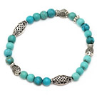 Wholesale nice 6mm round blue turquoise and tibet silver fish charm beaded bracelet