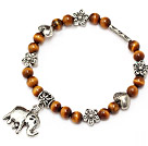 Wholesale classic 6mm round tiger eye and tibet silver flower heart elepant charm beaded bracelet