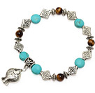 Wholesale fashion blue turquoise round tiger eye and tibet silver fish charm beads bracelet