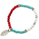 lovely 4mm white and blue round turquoise red coral and tibet silver leaf charm beaded bracelet
