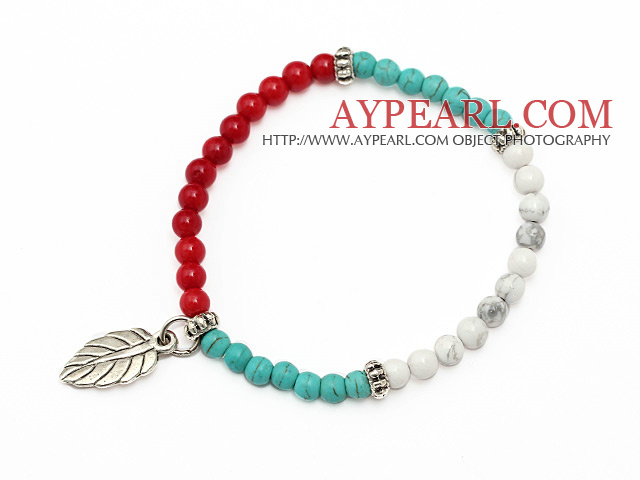 lovely 4mm white and blue round turquoise red coral and tibet silver leaf charm beaded bracelet