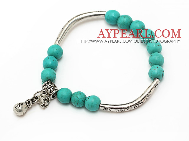 lovely 8mm round green turquoise and tibet silver tube bag charm beads bracelet