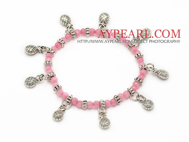 fashion elastic round pink jade and tibet silver lucky bag charm bracelet