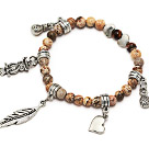 lovely 6mm picture jasper and tibet silver leaf bag heart owl charm beads bracelet