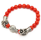 fashion 7mm orange red round coral and tibet silver fish horn flower charm beaded bracelet