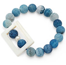 Discount nice round decayed blue agate and white hollow rectangle shell beaded elastic bracelet