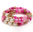 fashion multi srands round watermelon jade and white freshwater pearl beaded bracelet