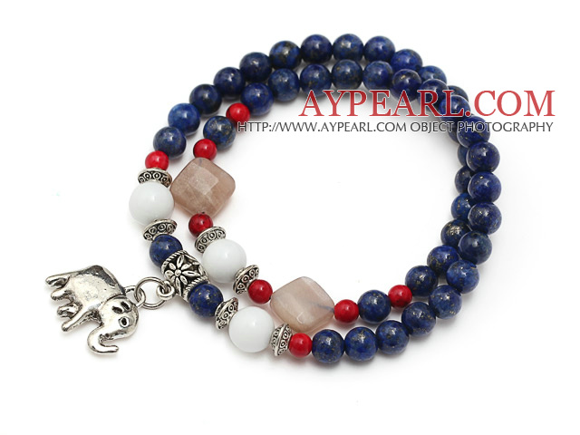 beautiful round lapis white sea shell sunstone and bloodstone beaded bracelet with elephant pendant