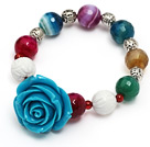 fashion multi color faceted round agate and white sea shell and blue resin flower beads bracelet