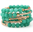 Fashion Multilayer Round Green Jade And Golden Tube Charm Beaded Bangle Bracelet