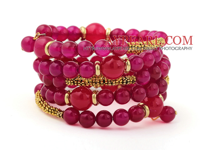 Classic Multilayer Round Rose Agate And Golden Tube Charm Beaded Bangle Bracelet