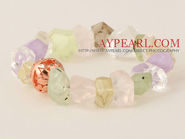 Beautiful Incidence Angle Prehnite White Crystal Amethyst And Rose Quatz Bangle Bracelet With Golden Ball