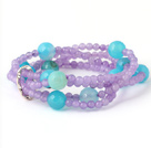 Pretty Multilayer Round Purple Jade And Blue Series Agate Beaded Stretch Bracelet