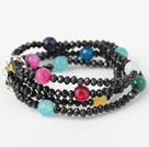 Fashion Multilayer Round Colorful Jade And Manmade Black Crystal Beaded Stretch Bracelet