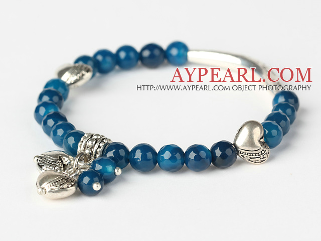Fashion Faceted Round Blue Agate And Tibet Silver Tube Heart Charm Beads Bracelet