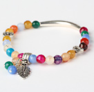 Simple Style Faceted Round Multi Colorful Agate And Tibet Silver Tube Heart Leaf Charm Beads Bracelet
