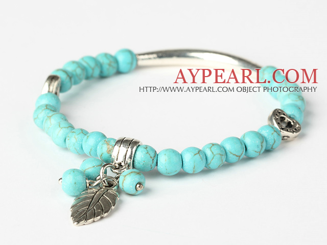 Fashion Green Turquoise And Tibet Silver Tube Heart Leaf Charm Beads Bracelet