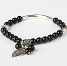 Fashion Round Black Agate And Tibet Silver Tube Heart Leaf Charm Beaded Bracelet