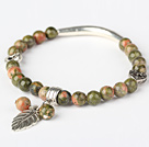 Fashion Round Green Piebald Stone and Tibet Silver Tube Heart Leaf Charm Beaded Bracelet