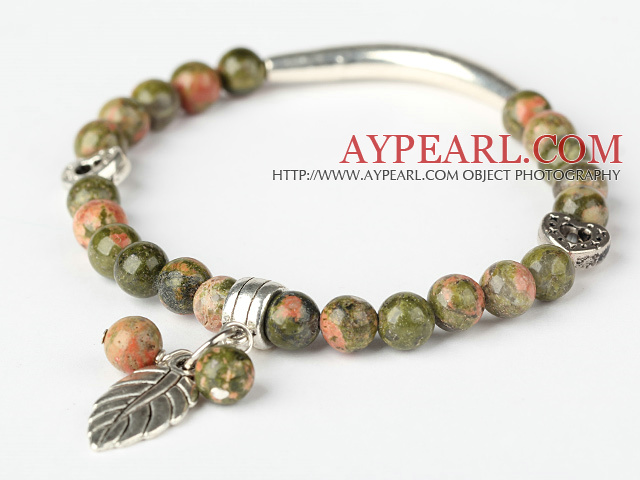 Fashion Round Green Piebald Stone and Tibet Silver Tube Heart Leaf Charm Beaded Bracelet