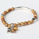 Nice Round Picture Jasper and Tibet Silver Tube Heart Charm Beaded Bracelet