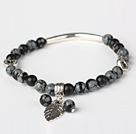 Fashion Round Black Alabaster and Tibet Silver Tube Heart Leaf Charm Beaded Bracelet
