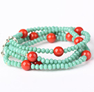 Wholesale Fashion Multilayer Faceted Green Jade Crystal And Round Red Coral Stretch Bracelet