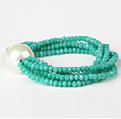 Wholesale Fashion Multilayer Faceted Green Jade Crystal And Round White Seashell Beads Stretch Bracelet