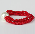 Wholesale Nice Multilayer Faceted Red Jade Crystal And Round White Seashell Beaded Stretch Bracelet