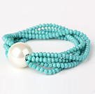 Fashion Multilayer Faceted Green Jade Crystal And Round White Seashell Beads Stretch Bracelet