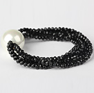 Wholesale Nice Multilayer Faceted Black Jade Crystal And Round White Seashell Beaded Stretch Bracelet