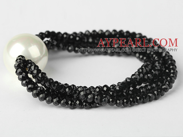 Nice Multilayer Faceted Black Jade Crystal And Round White Seashell Beaded Stretch Bracelet