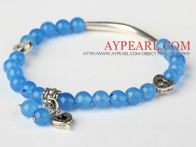 Beautiful Round Sky Blue Jade and Tibet Silver Tube Heart Charm Beads Bracelet