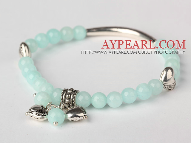 Nice Round Light Green Jade and Tibet Silver Tube Heart Charm Beaded Bracelet